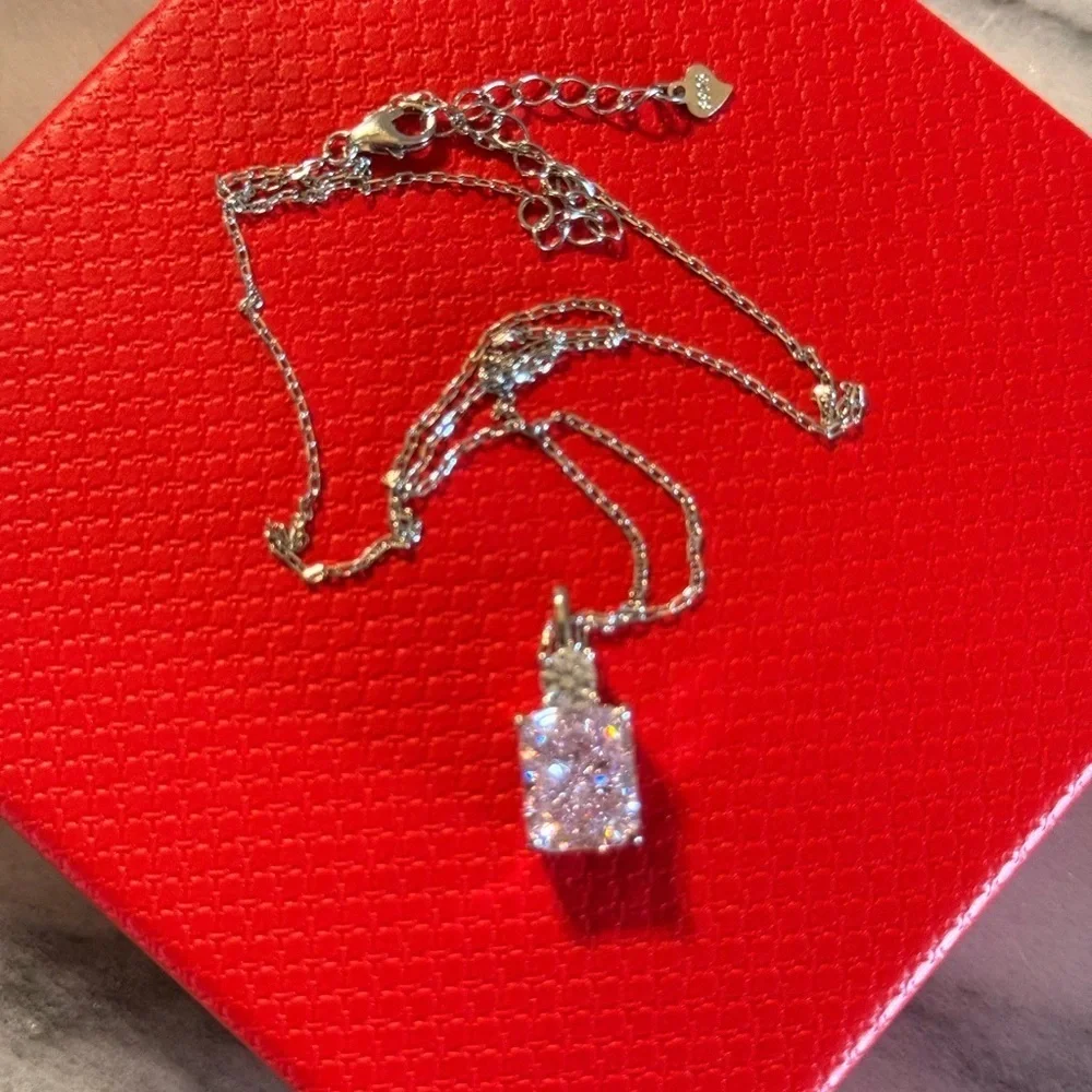 NWOT 925 Sterling Silver Pin Crushed Ice CZ Necklace & Pink Dangling Earrings